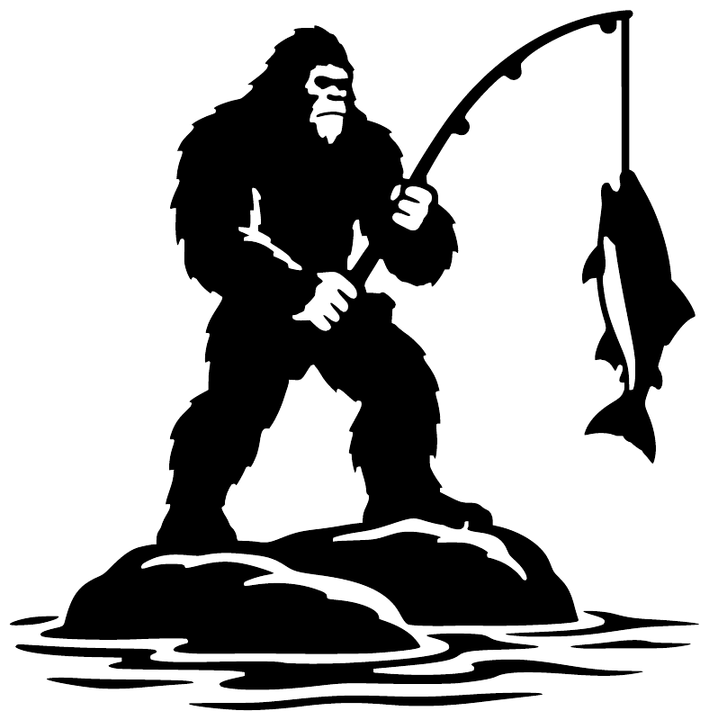 Fishing Bigfoot vinyl decal, black silhouette with fishing rod and hanging fish