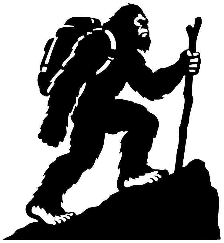 Black Bigfoot vinyl decal silhouette, kneeling with backpack and raised hand