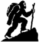 Black Bigfoot vinyl decal silhouette, kneeling with backpack and raised hand
