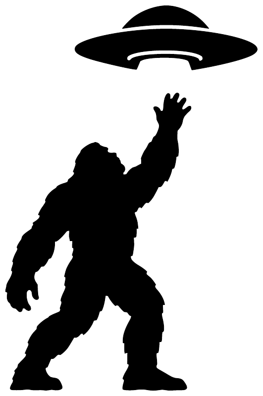 Vinyl decal of Bigfoot silhouette with flying saucer, bold black design