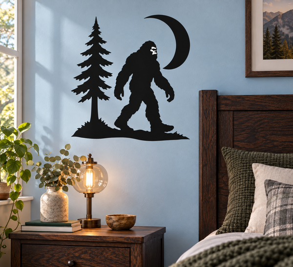 Bigfoot vinyl wall decal with pine tree and crescent moon silhouette