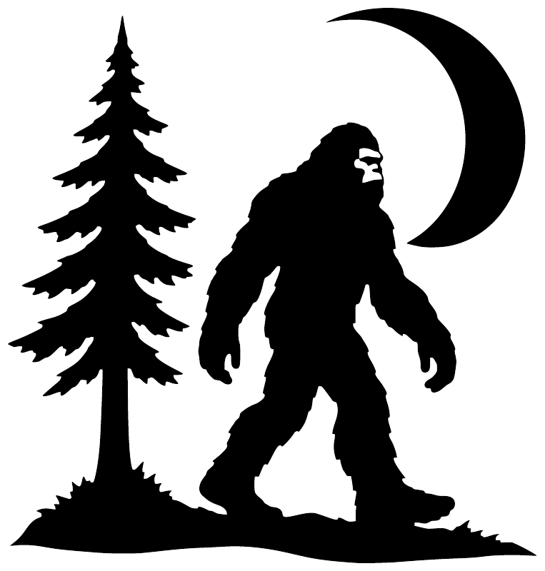 Vinyl decal of Bigfoot silhouette walking under crescent moon beside pine