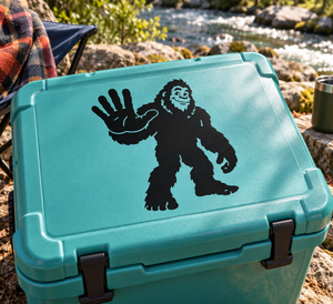 Black Bigfoot high-five vinyl decal sticker, hand raised and smiling face