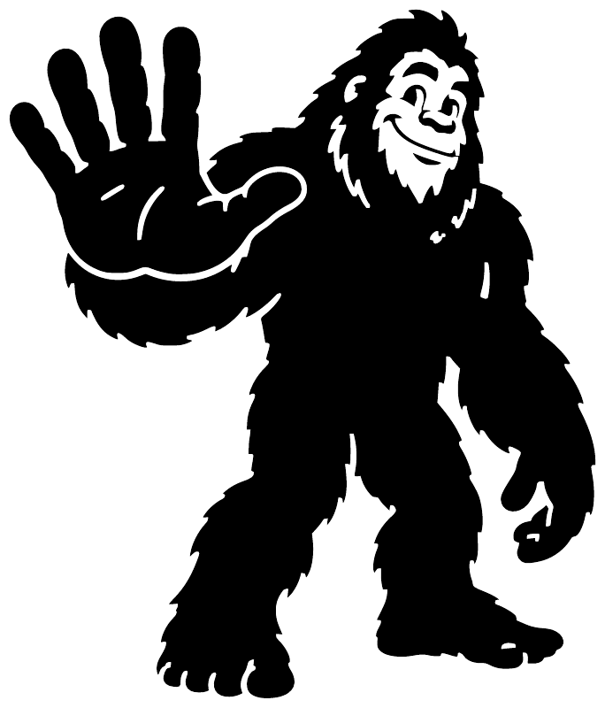 Black Bigfoot high-five vinyl decal silhouette with raised hand and open feet