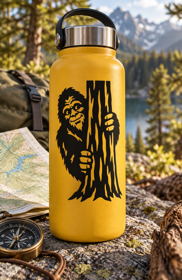 Vinyl Bigfoot decal on yellow bottle, bearded face and pine-trunk texture