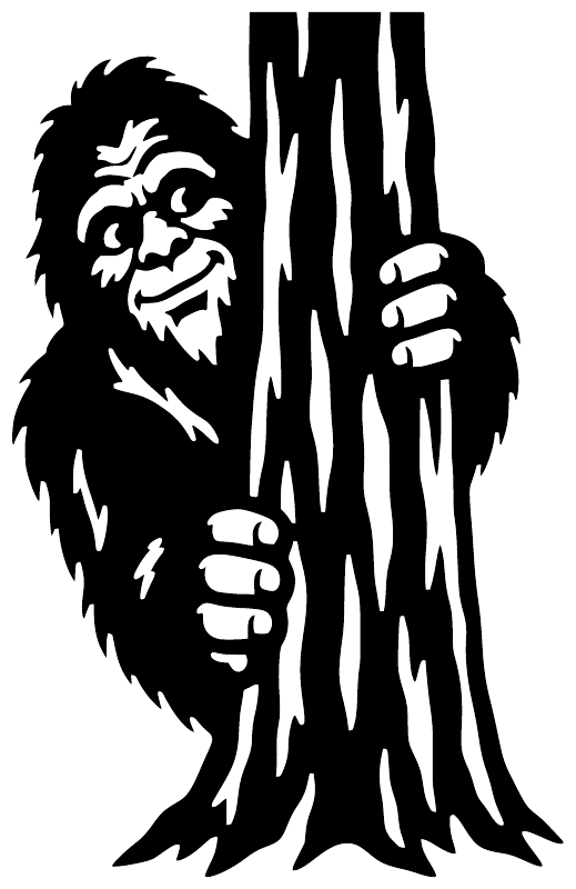 Black vinyl Bigfoot decal with bearded face and pine-needle drips