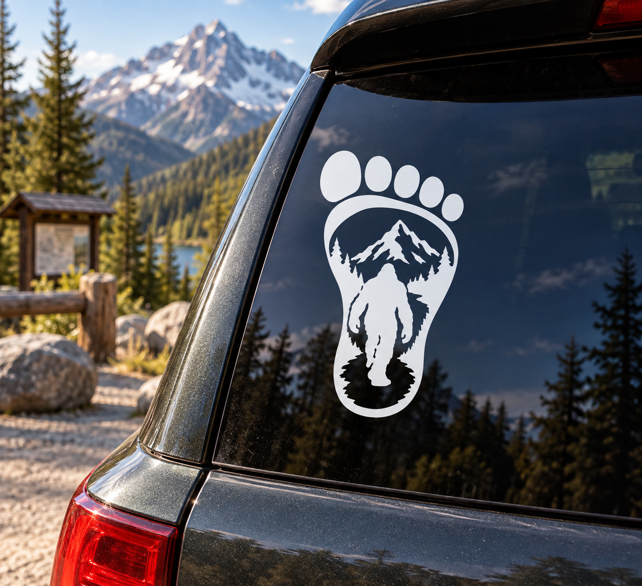 Bigfoot footprint vinyl decal with white paw, Bigfoot silhouette, and mountain trees