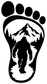 Bigfoot footprint vinyl decal, black paw outline with mountain and Bigfoot figure