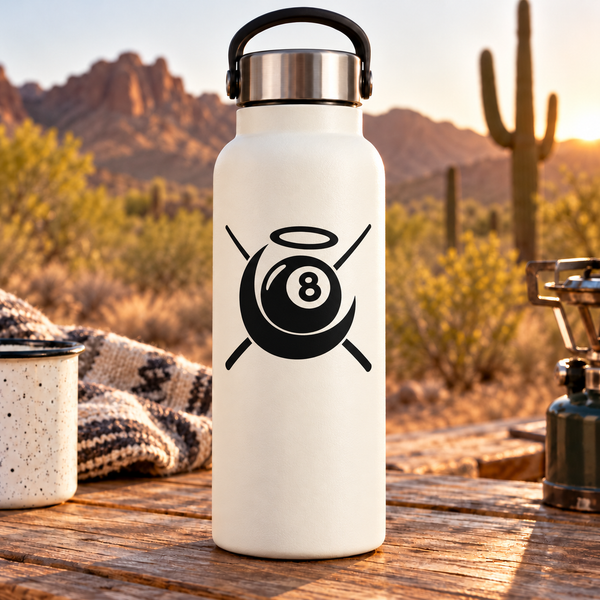 Black eight-ball crescent crest vinyl decal with X-style rays on a white bottle