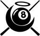 Black eight-ball crescent crest vinyl decal with four diagonal rays on white background