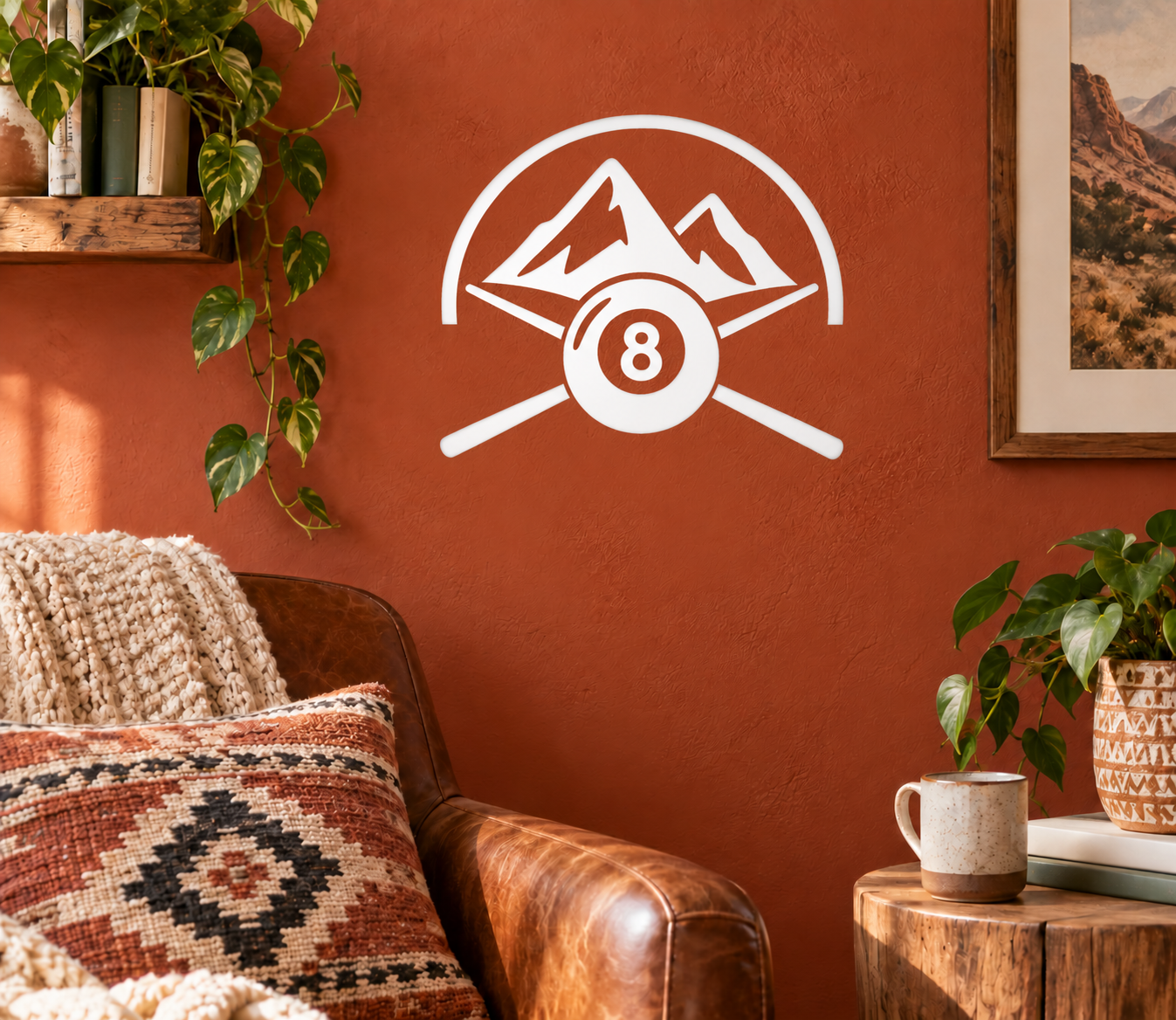 White vinyl decal of mountain with crossed cue sticks and black pool 8 ball