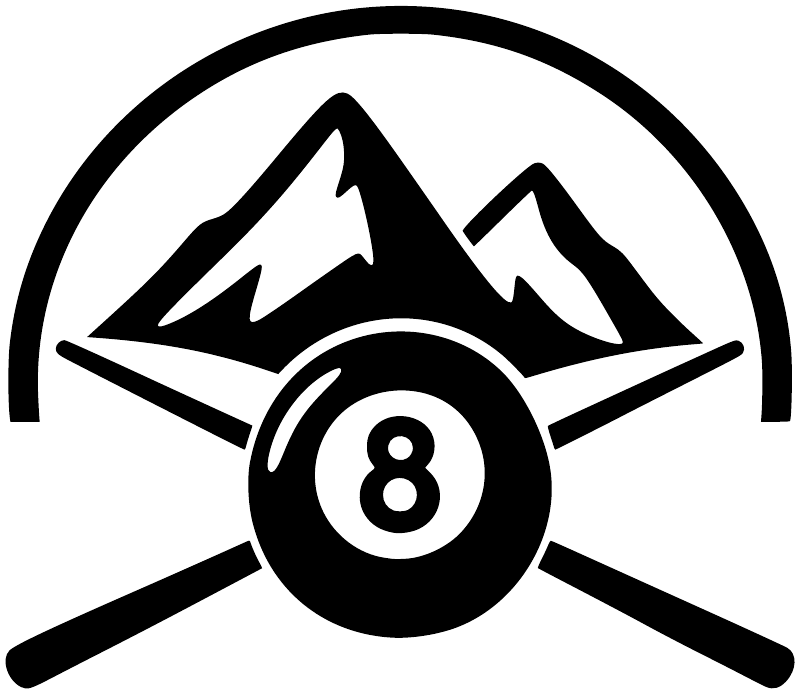 Black-and-white vinyl decal with mountain, crossed cue sticks, and pool 8 ball