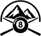 Black-and-white vinyl decal with mountain, crossed cue sticks, and pool 8 ball