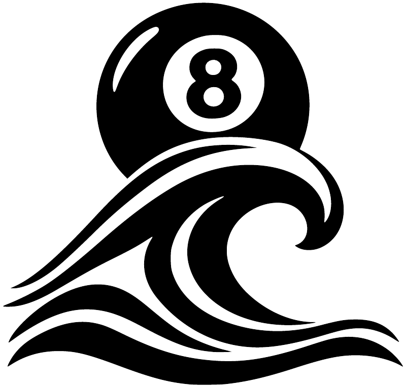 Vinyl decal featuring a black 8-ball circle with white ocean wave graphic
