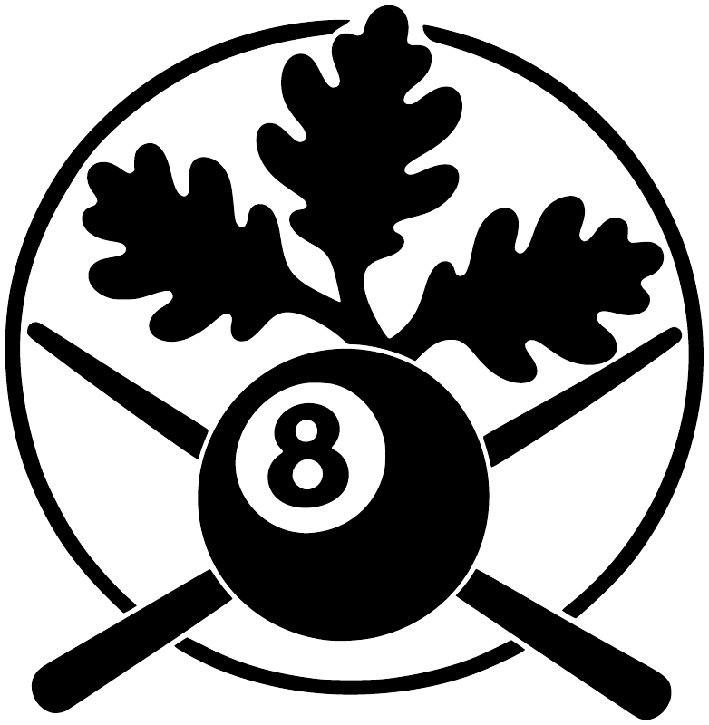 Black and white circular vinyl decal with oak leaves, 8 ball, and crossed cues