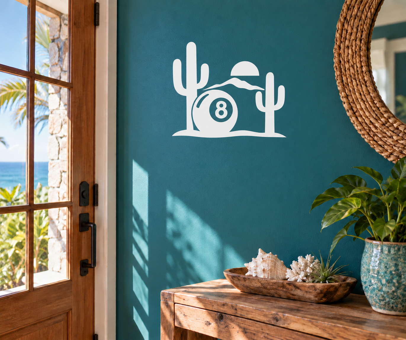 Vinyl billiard desert horizon decal, white cacti and 8 ball graphic