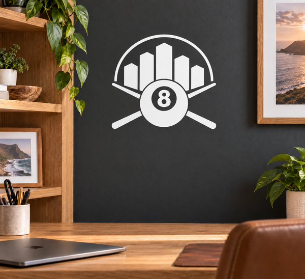 Vinyl billiard decal with city skyline, crossed cues, and centered 8 ball in circle