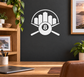 Vinyl billiard decal with city skyline, crossed cues, and centered 8 ball in circle