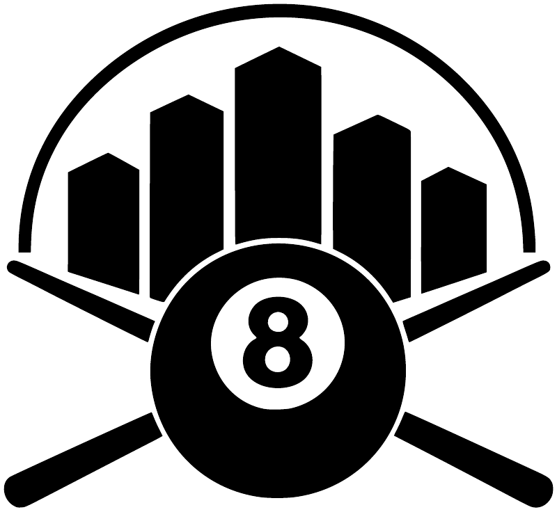 Vinyl decal close-up: black skyline bars, crossed cues, and centered 8 ball circle