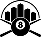 Vinyl decal close-up: black skyline bars, crossed cues, and centered 8 ball circle