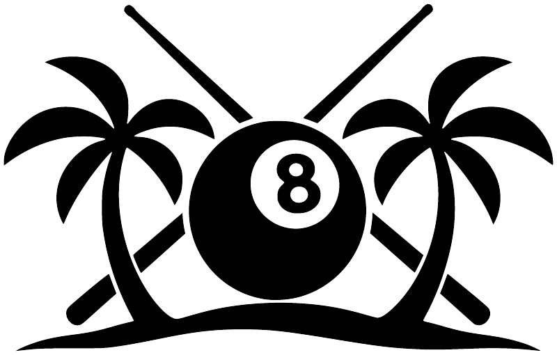 Billiard vinyl decal graphic: two palm trees around black 8-ball with cue lines