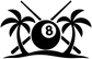 Billiard vinyl decal graphic: two palm trees around black 8-ball with cue lines