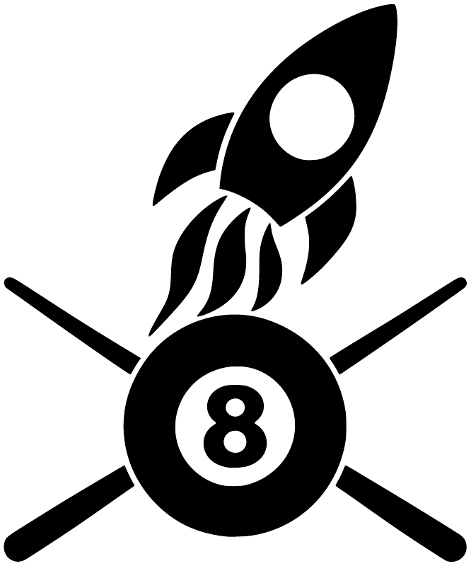 Rocket and 8-ball vinyl decal with crossed sticks, bold black-and-white graphic