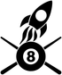 Rocket and 8-ball vinyl decal with crossed sticks, bold black-and-white graphic