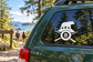 White billiard bear vinyl decal with 8 ball and crossed cue sticks on vehicle window