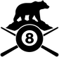 Black and white billiard bear vinyl decal with 8 ball target and crossed cue sticks