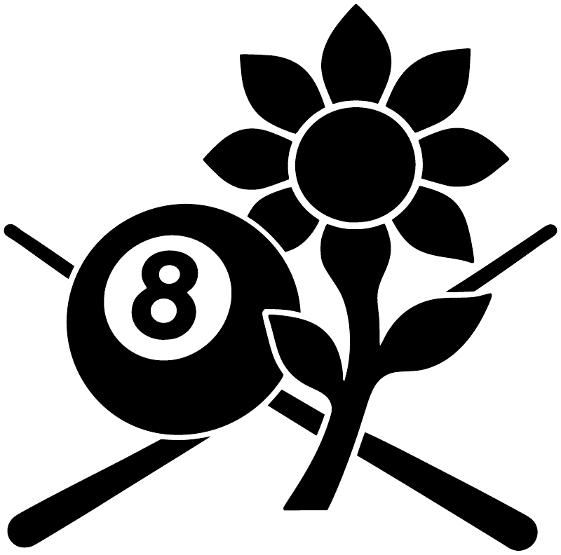 Black and white flower vinyl decal with 8-ball circle and crossed cue sticks