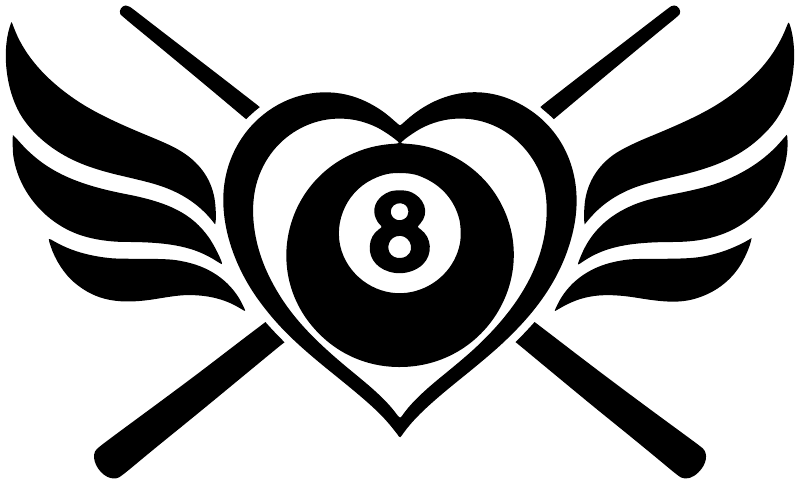 Black vinyl decal with 8 ball heart, winged sides, and crossed pool cue icons