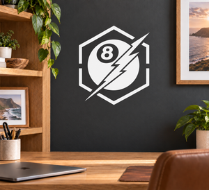 Billiard 8-ball lightning badge vinyl decal, white and black emblem