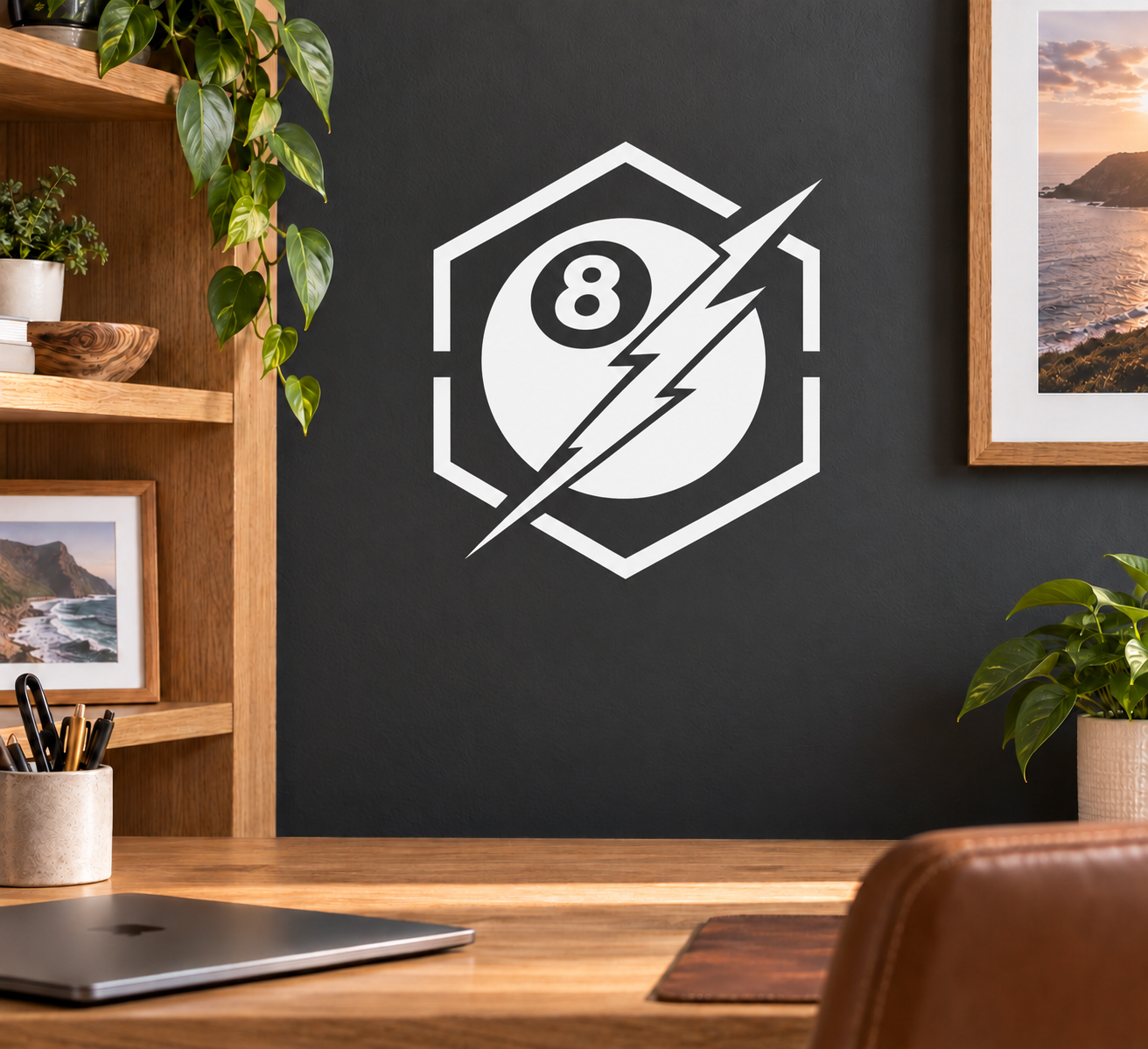 Billiard 8-ball lightning badge vinyl decal, white and black emblem