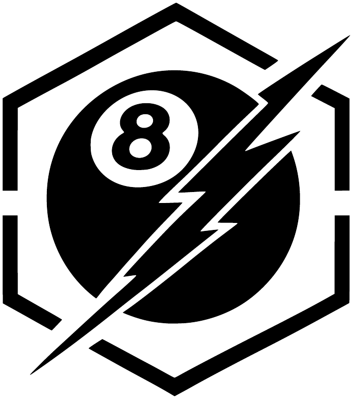 8-ball lightning badge vinyl decal, bold black-and-white close-up emblem