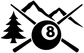 Pine Horizon billiard vinyl decal: pine tree, mountains, crossed cues, and 8-ball