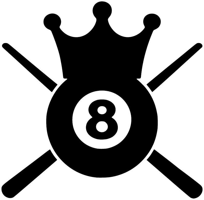 Billiard vinyl decal: black crown crest with 8 ball center and crossed cue sticks