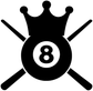 Billiard vinyl decal: black crown crest with 8 ball center and crossed cue sticks