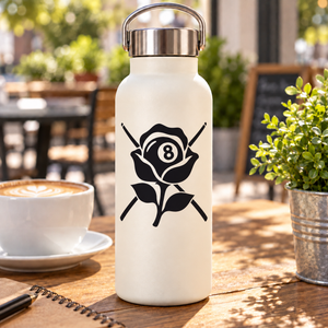 Vinyl decal of an 8-ball rose graphic on a drink bottle