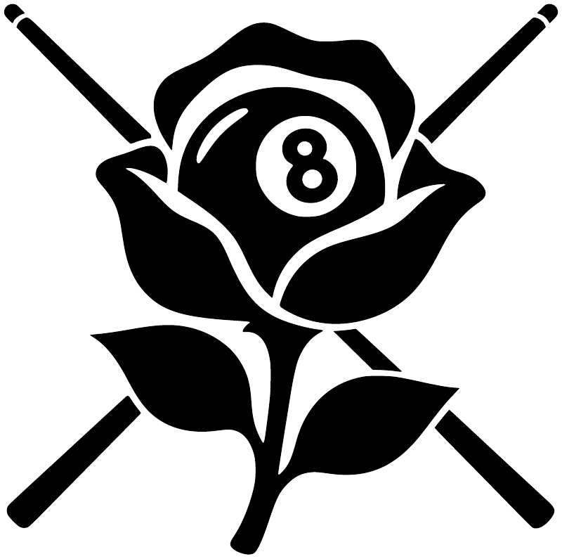 8-ball rose vinyl decal with crossed cue sticks, bold black and white design