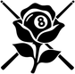8-ball rose vinyl decal with crossed cue sticks, bold black and white design