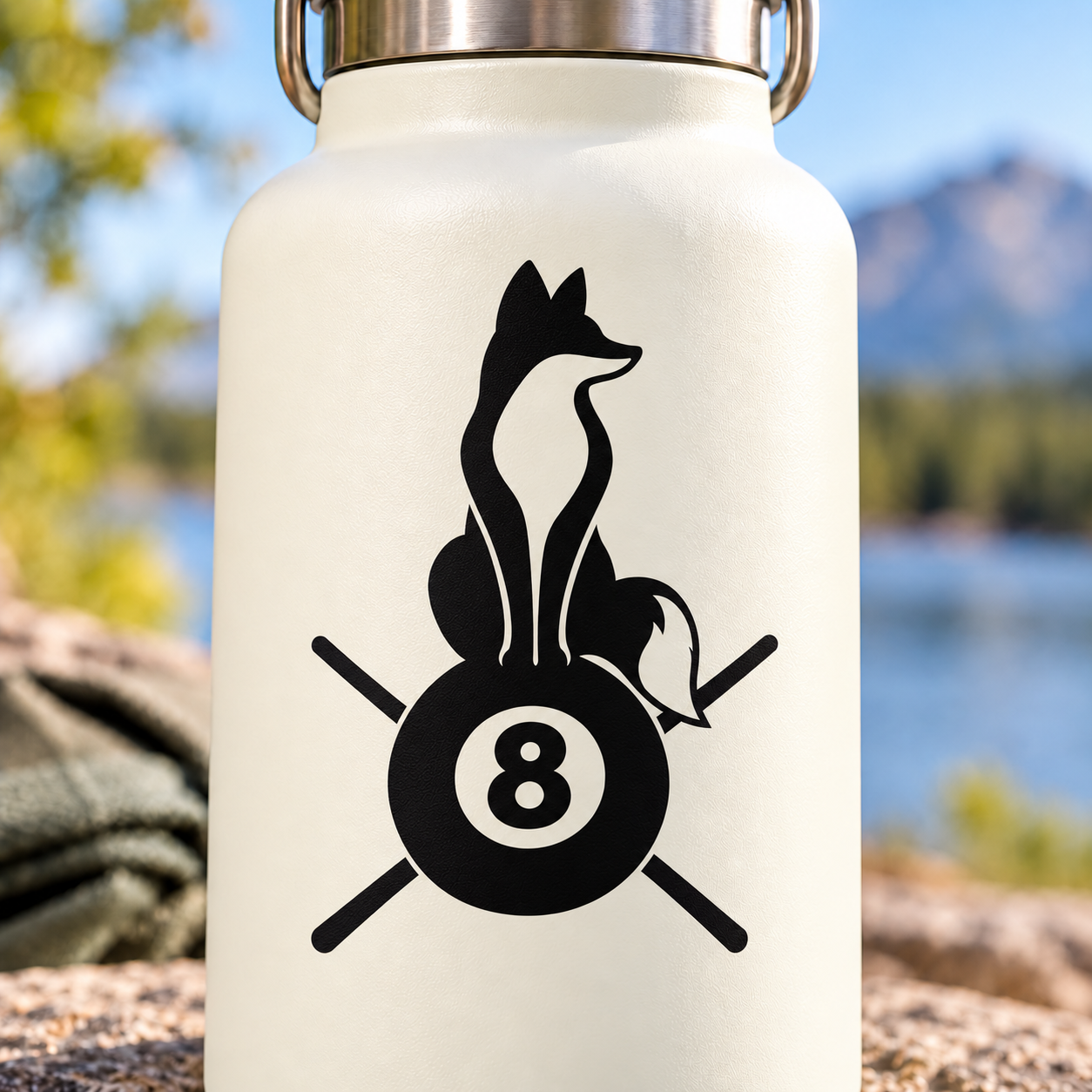Fox 8-ball medallion vinyl decal with rays and small bird silhouette