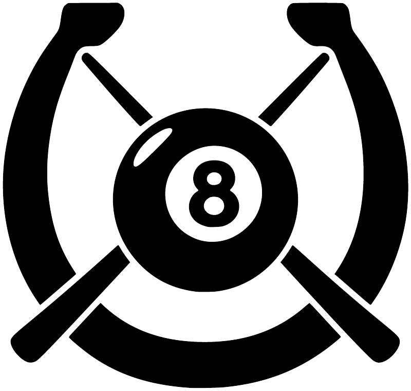 Vinyl decal of horseshoe crest with 8-ball and crossed cue icons