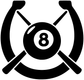 Vinyl decal of horseshoe crest with 8-ball and crossed cue icons