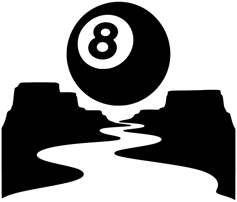 Vinyl decal graphic: black pool table shape with white river, 8-ball circle at top