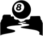 Vinyl decal graphic: black pool table shape with white river, 8-ball circle at top