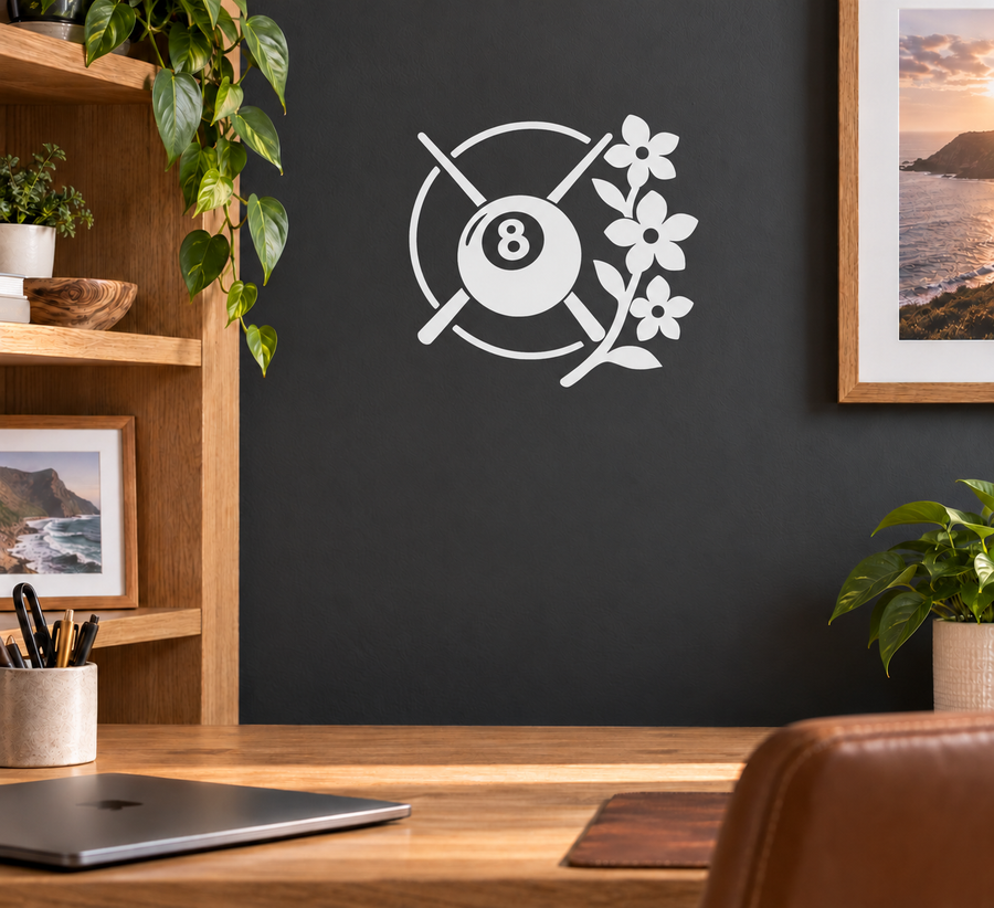 Billiard circle vinyl decal with 8-ball, crossed cues, and white wildflower accents