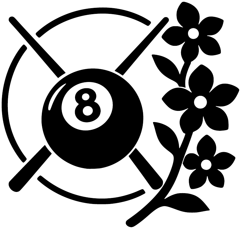 Billiard circle vinyl decal closeup: 8-ball center, crossed cues, wildflower shapes