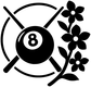 Billiard circle vinyl decal closeup: 8-ball center, crossed cues, wildflower shapes