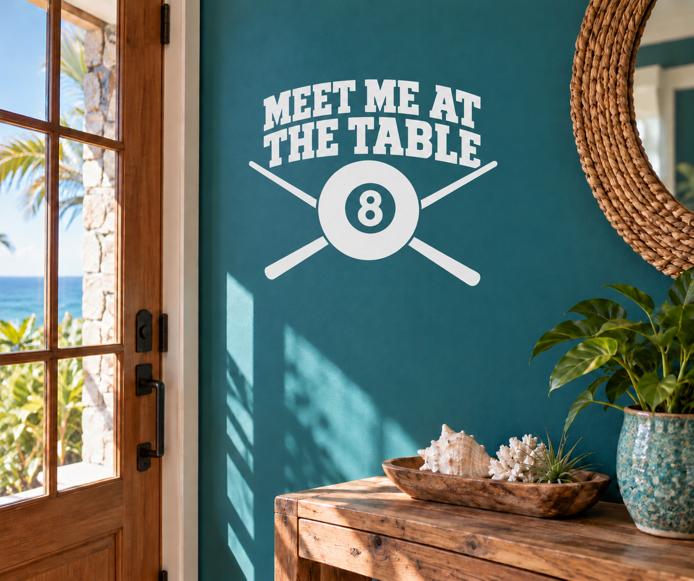 Vinyl wall decal with "MEET ME AT THE TABLE" text, cue sticks and 8-ball design